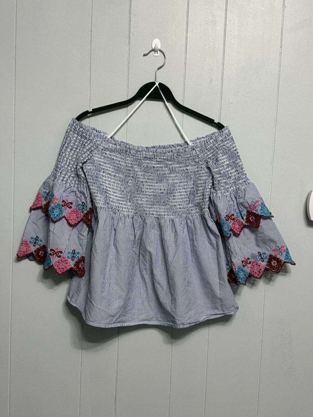 LOFT Petite Striped Off The Shoulder Embroidered Top MP